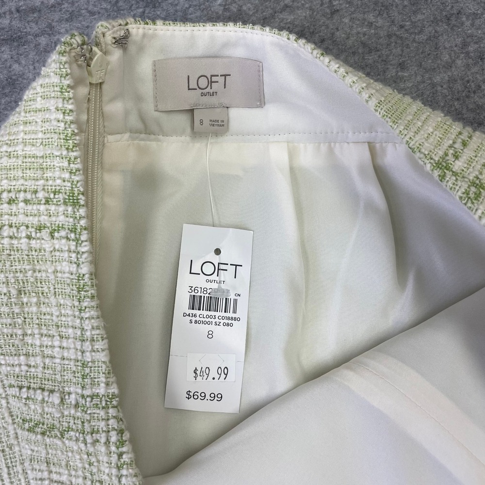 NEW LOFT Outlet Green White Plaid Tweed Mini Skirt Size 8 Boucle Wrap Style - Picture 3 of 12